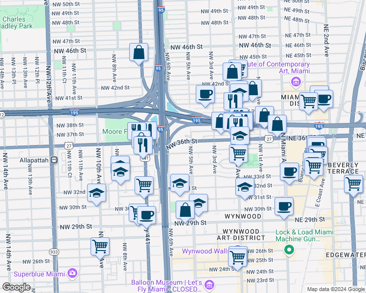 map of restaurants, bars, coffee shops, grocery stores, and more near in Miami