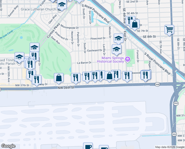 map of restaurants, bars, coffee shops, grocery stores, and more near 557 De Leon Drive in Miami Springs