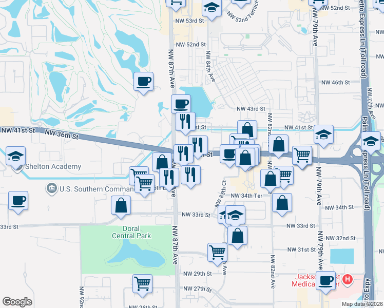 map of restaurants, bars, coffee shops, grocery stores, and more near 8561 Northwest 36th Street in Doral
