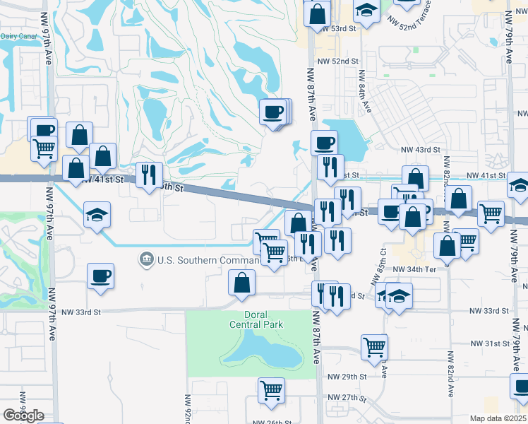 map of restaurants, bars, coffee shops, grocery stores, and more near Northwest 36th Street in Doral