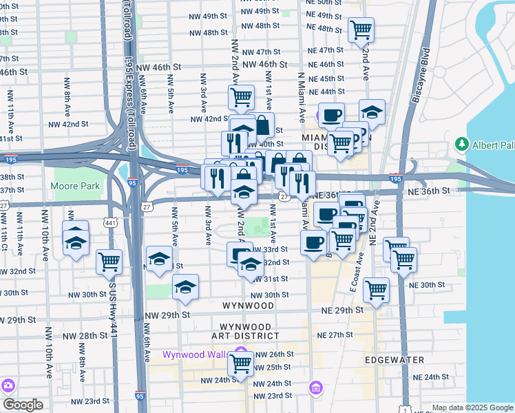 map of restaurants, bars, coffee shops, grocery stores, and more near 185 Northwest 36th Street in Miami