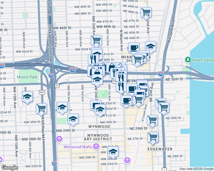 map of restaurants, bars, coffee shops, grocery stores, and more near 101 Northwest 36th Street in Miami