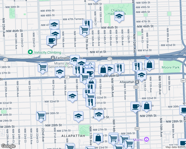 map of restaurants, bars, coffee shops, grocery stores, and more near 1601 Northwest 37th Street in Miami