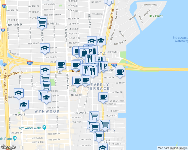 map of restaurants, bars, coffee shops, grocery stores, and more near 3535 Northeast 2nd Avenue in Miami