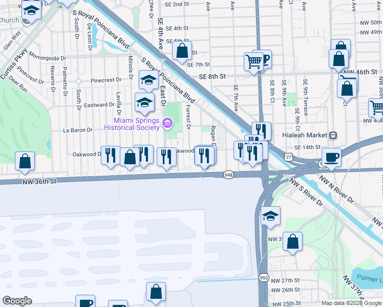 map of restaurants, bars, coffee shops, grocery stores, and more near 611-615 Forrest Drive in Miami Springs