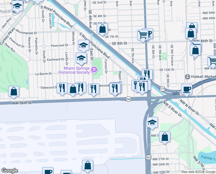 map of restaurants, bars, coffee shops, grocery stores, and more near 611-615 Forrest Drive in Miami Springs