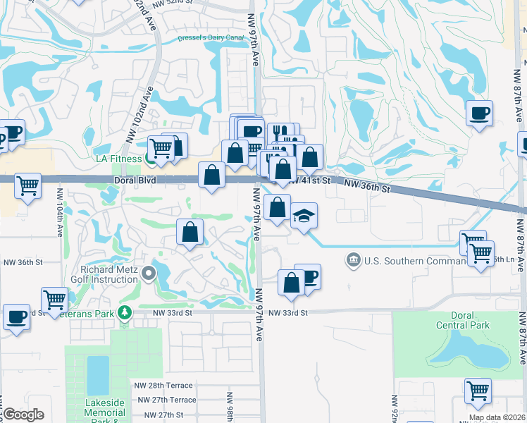 map of restaurants, bars, coffee shops, grocery stores, and more near 4055 Northwest 97th Avenue in Doral