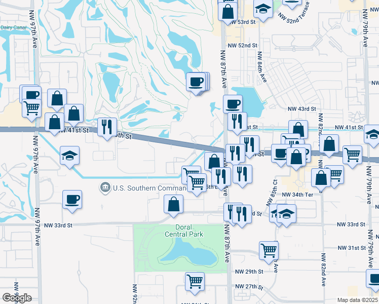 map of restaurants, bars, coffee shops, grocery stores, and more near Northwest 36th Street in Doral
