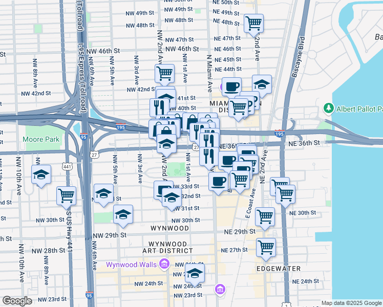map of restaurants, bars, coffee shops, grocery stores, and more near 101 Northwest 36th Street in Miami
