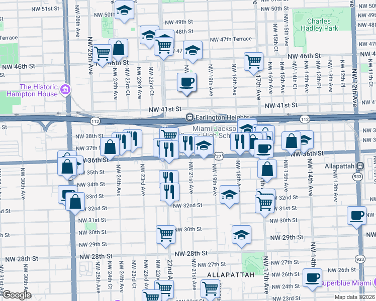 map of restaurants, bars, coffee shops, grocery stores, and more near 2147 Northwest 37th Street in Miami