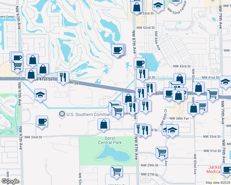 map of restaurants, bars, coffee shops, grocery stores, and more near Northwest 36th Street in Doral