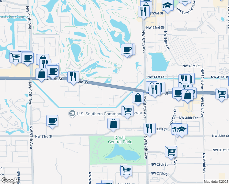 map of restaurants, bars, coffee shops, grocery stores, and more near 8830 Northwest 36th Street in Doral