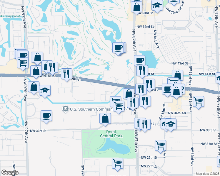 map of restaurants, bars, coffee shops, grocery stores, and more near 8800 Doral Boulevard in Doral