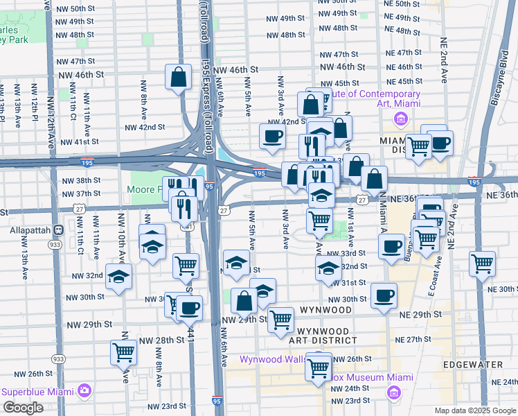map of restaurants, bars, coffee shops, grocery stores, and more near in Miami