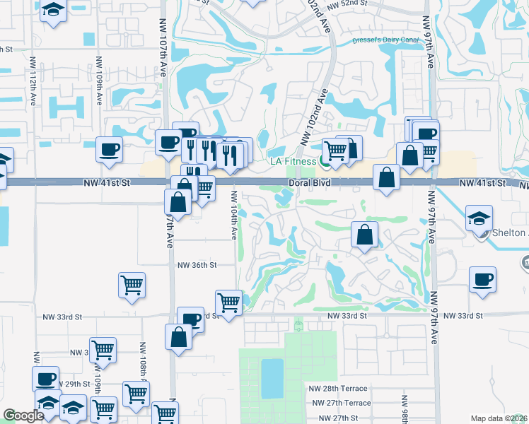 map of restaurants, bars, coffee shops, grocery stores, and more near 3996 Estepona Avenue in Doral