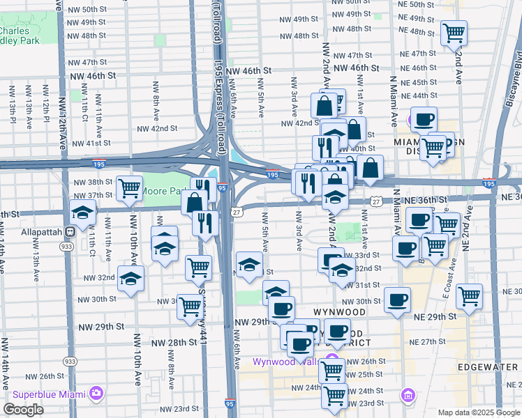 map of restaurants, bars, coffee shops, grocery stores, and more near 500 Northwest 36th Street in Miami
