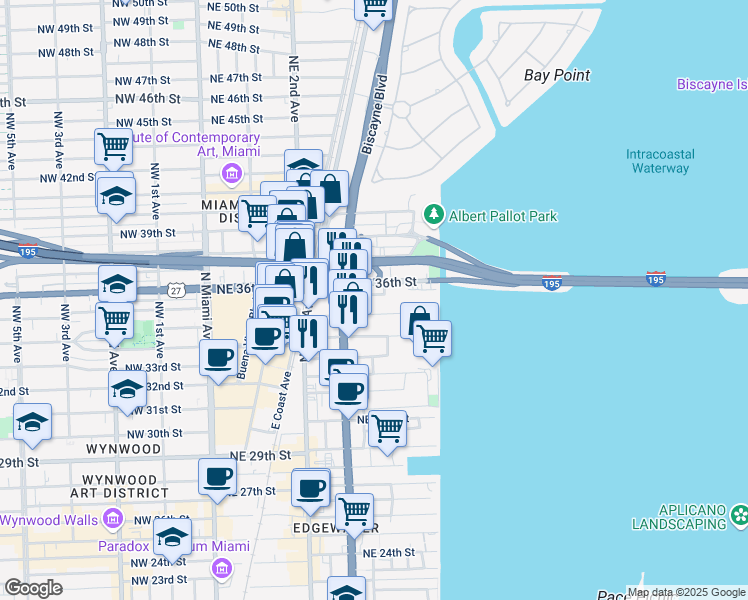 map of restaurants, bars, coffee shops, grocery stores, and more near 3595 Biscayne Boulevard in Miami