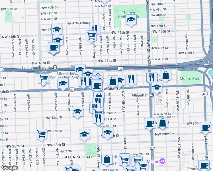 map of restaurants, bars, coffee shops, grocery stores, and more near 1601 Northwest 37th Street in Miami