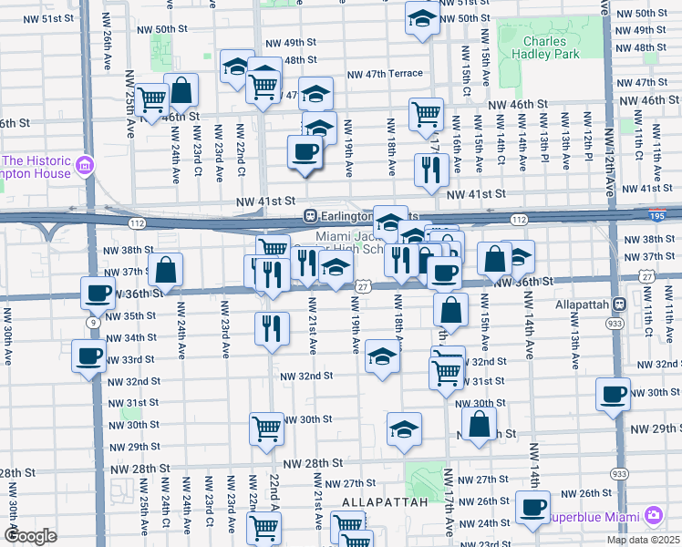 map of restaurants, bars, coffee shops, grocery stores, and more near 3650 Northwest 20th Avenue in Miami