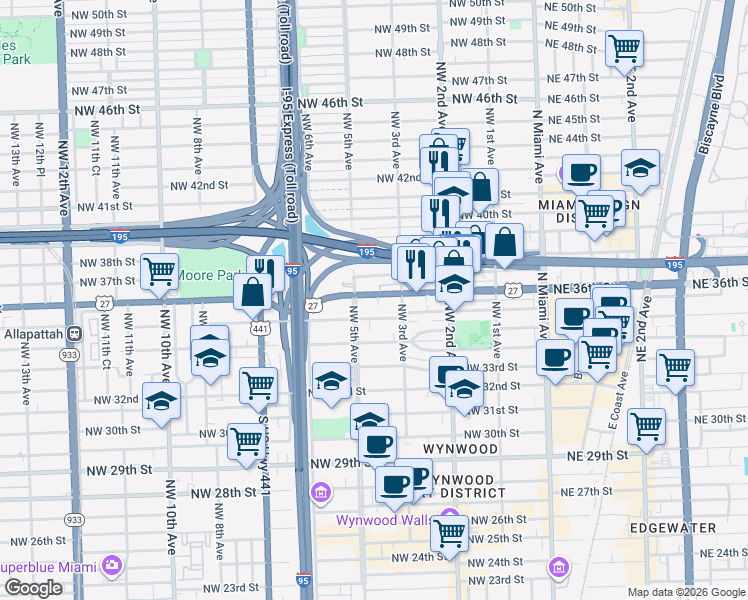 map of restaurants, bars, coffee shops, grocery stores, and more near 301 Northwest 36th Street in Miami