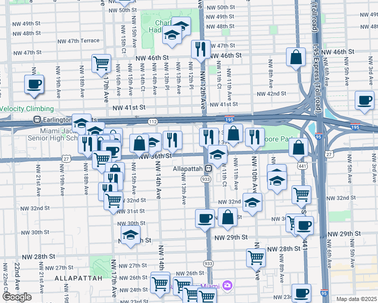 map of restaurants, bars, coffee shops, grocery stores, and more near 1259 Northwest 37th Street in Miami