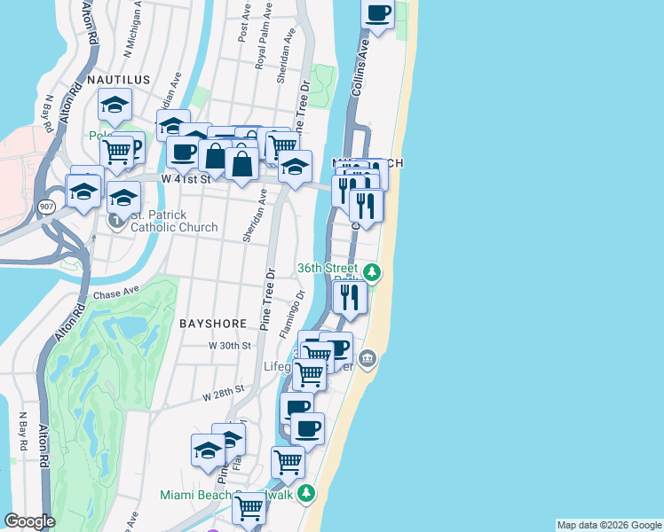 map of restaurants, bars, coffee shops, grocery stores, and more near in Miami Beach