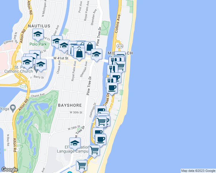 map of restaurants, bars, coffee shops, grocery stores, and more near 3605 Indian Creek Drive in Miami Beach