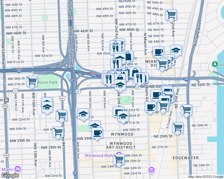 map of restaurants, bars, coffee shops, grocery stores, and more near 254 Northwest 36th Street in Miami