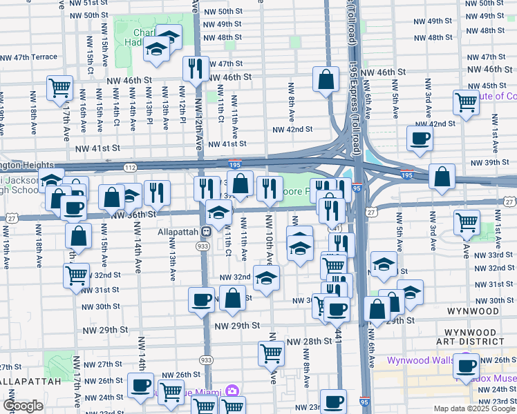 map of restaurants, bars, coffee shops, grocery stores, and more near 1044 Northwest 37th Street in Miami