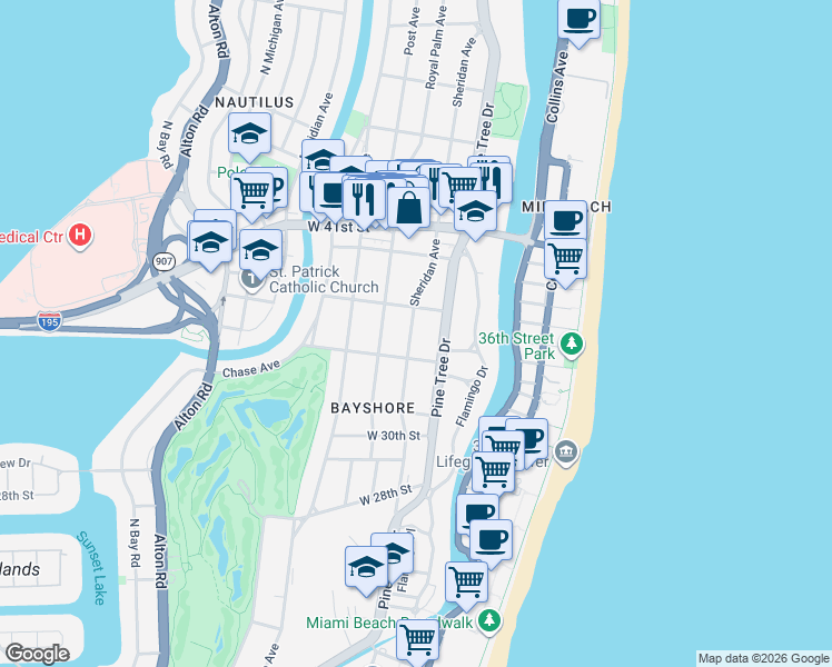 map of restaurants, bars, coffee shops, grocery stores, and more near 3471 Sheridan Avenue in Miami Beach