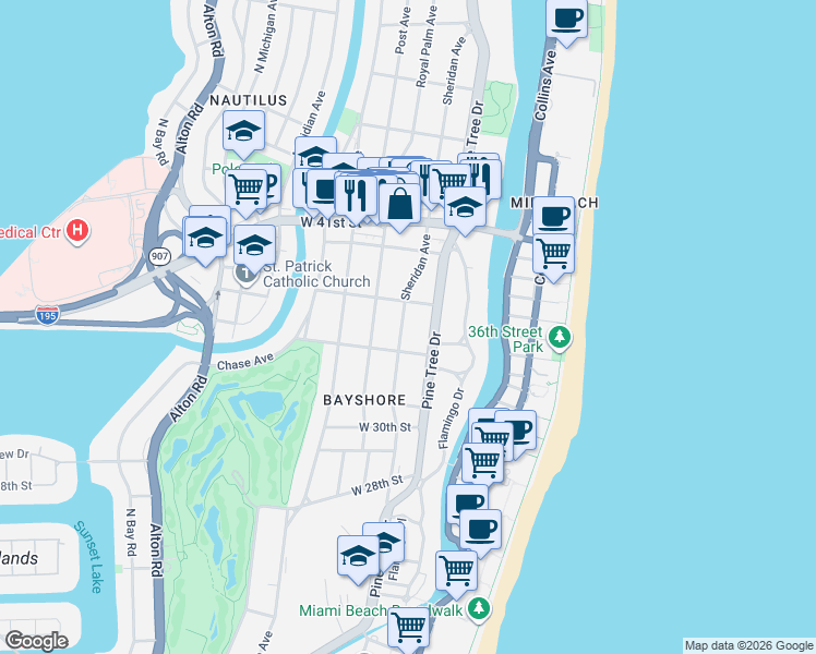 map of restaurants, bars, coffee shops, grocery stores, and more near 3471 Sheridan Avenue in Miami Beach