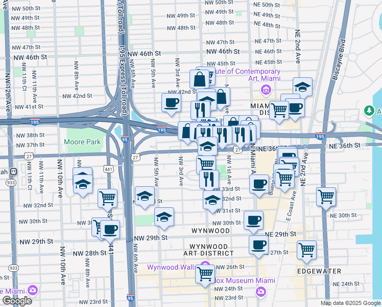 map of restaurants, bars, coffee shops, grocery stores, and more near 241 Northwest 36th Street in Miami