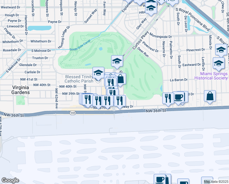 map of restaurants, bars, coffee shops, grocery stores, and more near 745 Curtiss Parkway in Miami Springs