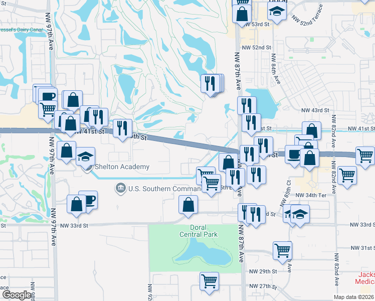 map of restaurants, bars, coffee shops, grocery stores, and more near 8830 Northwest 36th Street in Doral