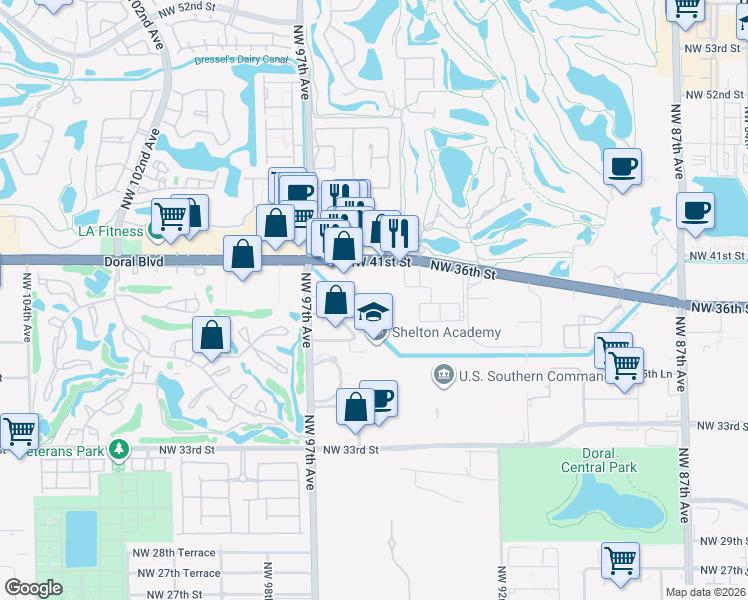map of restaurants, bars, coffee shops, grocery stores, and more near 9400 Northwest 41st Street in Doral