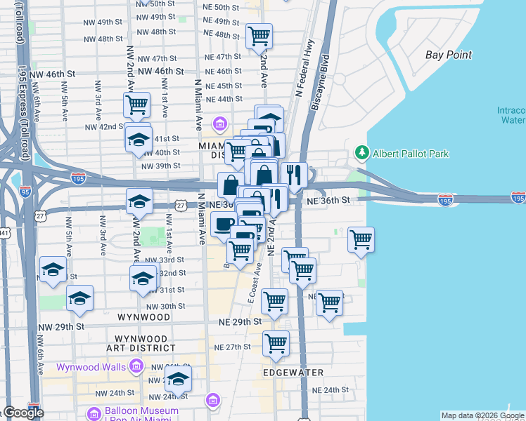 map of restaurants, bars, coffee shops, grocery stores, and more near in Miami