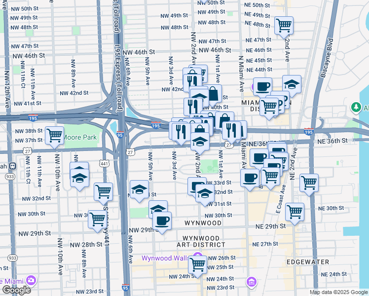 map of restaurants, bars, coffee shops, grocery stores, and more near 254 Northwest 36th Street in Miami