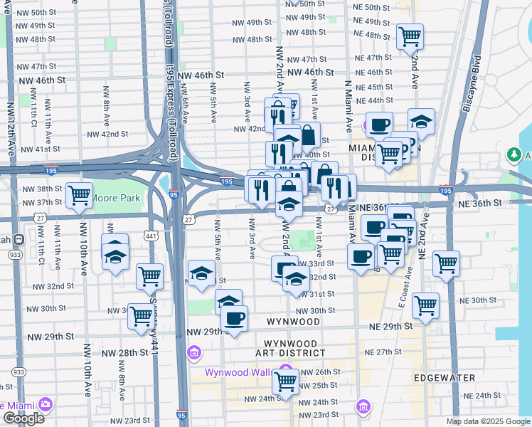 map of restaurants, bars, coffee shops, grocery stores, and more near 254 Northwest 36th Street in Miami