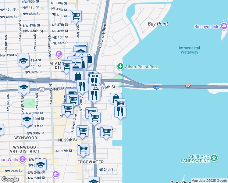 map of restaurants, bars, coffee shops, grocery stores, and more near 600 Northeast 36th Street in Miami