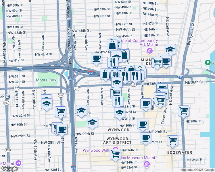 map of restaurants, bars, coffee shops, grocery stores, and more near 254 Northwest 36th Street in Miami