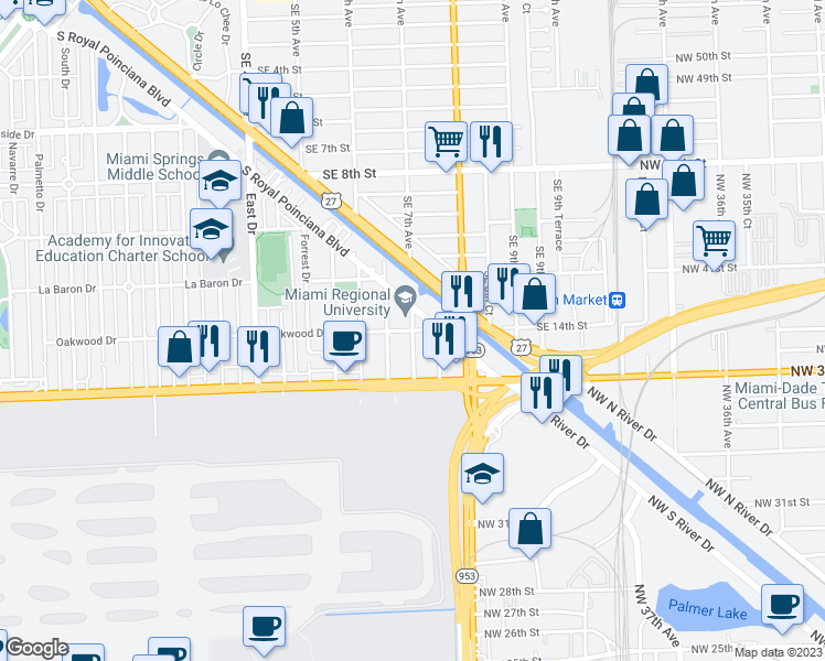 map of restaurants, bars, coffee shops, grocery stores, and more near 1905 Kenmore Drive in Miami Springs