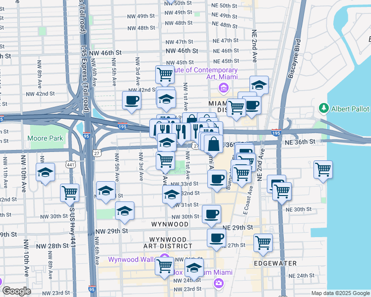 map of restaurants, bars, coffee shops, grocery stores, and more near 101 Northwest 36th Street in Miami