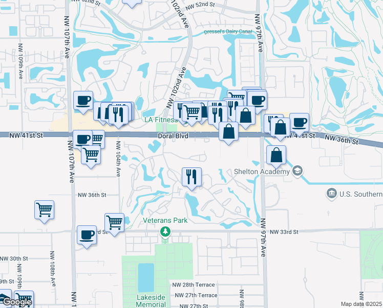 map of restaurants, bars, coffee shops, grocery stores, and more near 3942 Adra Avenue in Doral