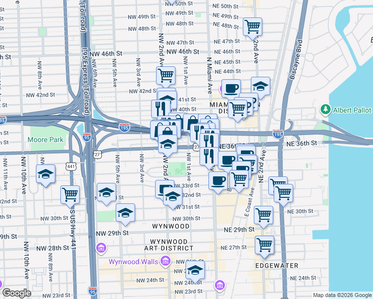 map of restaurants, bars, coffee shops, grocery stores, and more near 101 Northwest 36th Street in Miami