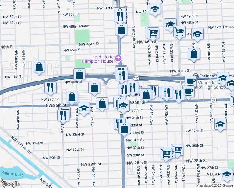 map of restaurants, bars, coffee shops, grocery stores, and more near 2728 Northwest 38th Street in Miami