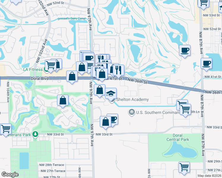 map of restaurants, bars, coffee shops, grocery stores, and more near 9400 Northwest 41st Street in Doral