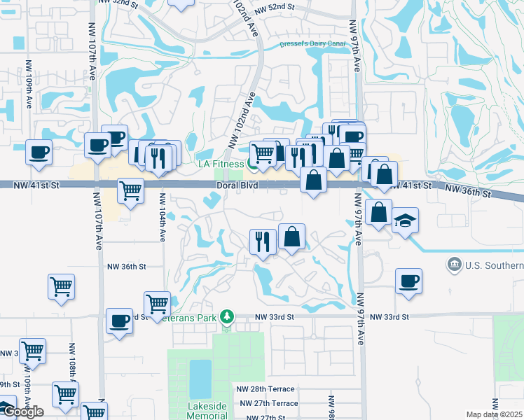 map of restaurants, bars, coffee shops, grocery stores, and more near 3942 Adra Avenue in Doral