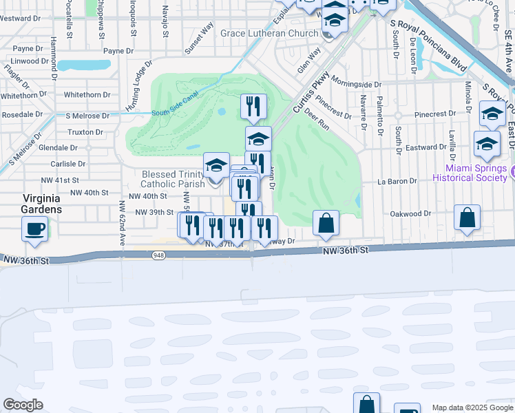 map of restaurants, bars, coffee shops, grocery stores, and more near 749 Curtiss Parkway in Miami Springs