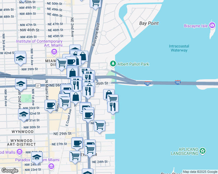 map of restaurants, bars, coffee shops, grocery stores, and more near 600 Northeast 36th Street in Miami