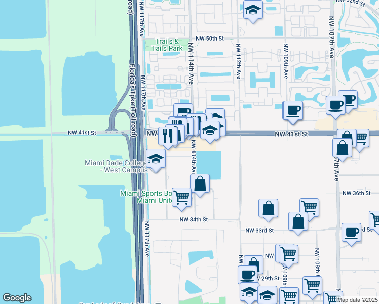 map of restaurants, bars, coffee shops, grocery stores, and more near 11403 Northwest 39th Street in Doral